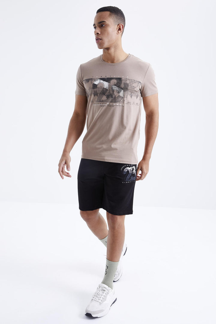 TMY Camel - Black Printed Detail O Neck Standard Mold Bermuda Men's Shorts Suit - 85171 - Hillsboro