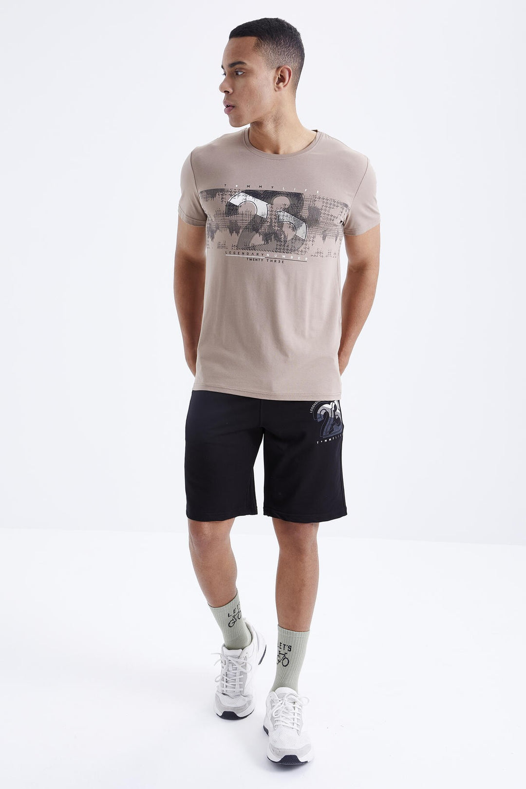 TMY Camel - Black Printed Detail O Neck Standard Mold Bermuda Men's Shorts Suit - 85171 - Hillsboro