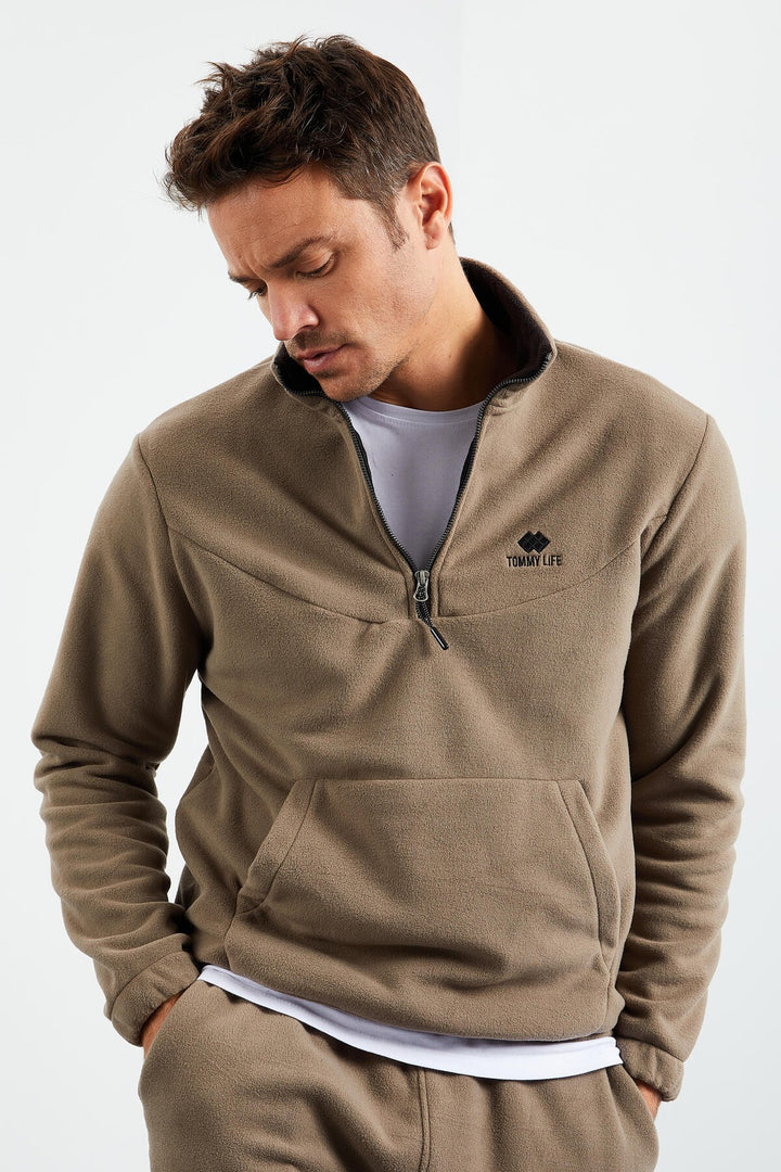 TMY Camel Half Zip Stand-up Collar Elastic Cuff Polar Men's Tracksuit - 85159 - Winterthur