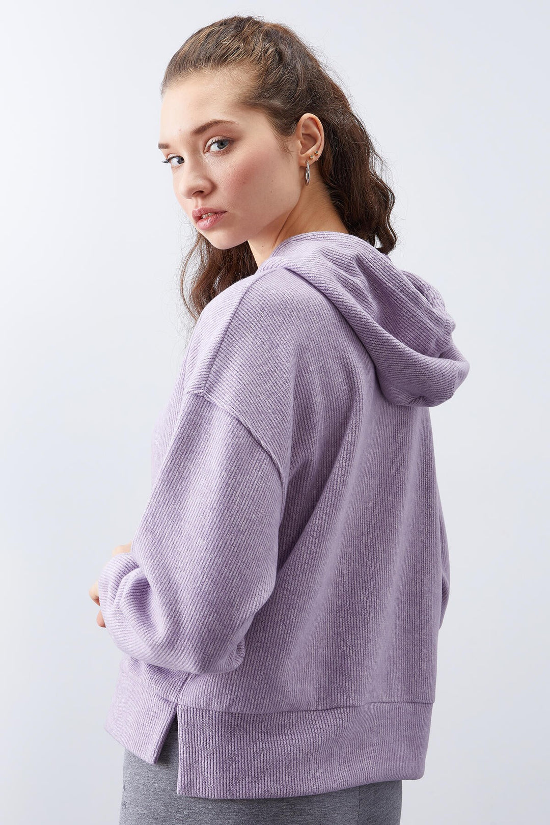 TMY Purple Hooded Embroidered Thessaloniki Woman Oversize Sweatshirt - 97192 - Redding