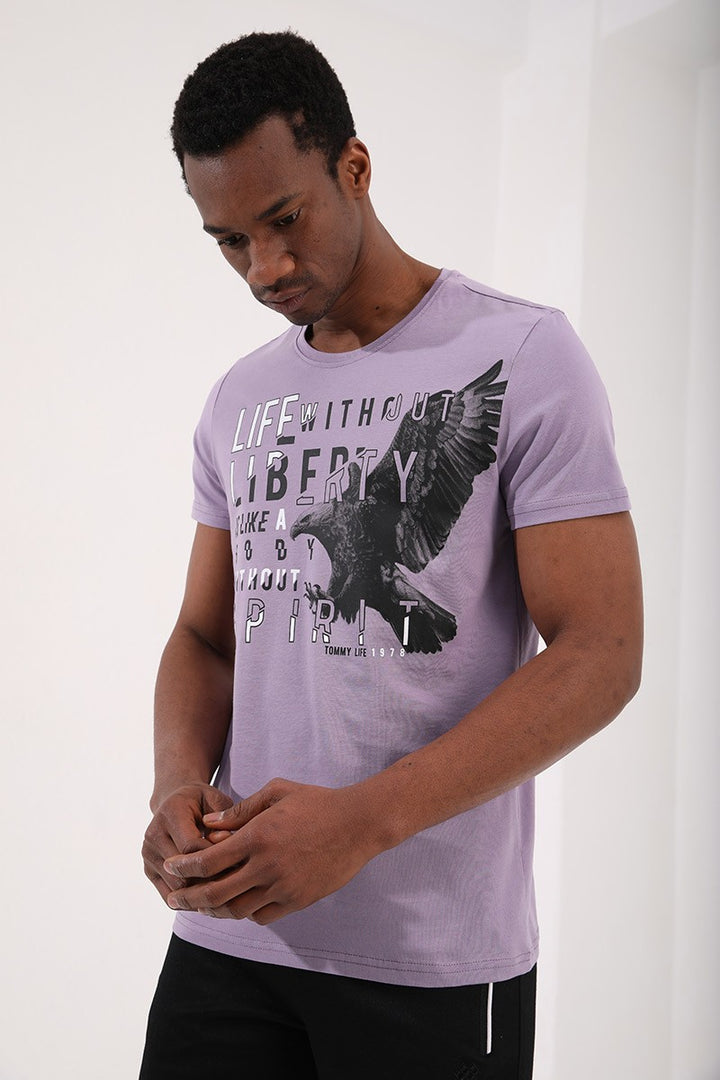 TMY Lilac Eagle Printed Standard Mold O Neck Men's T-Shirt - 87932 - Emmen