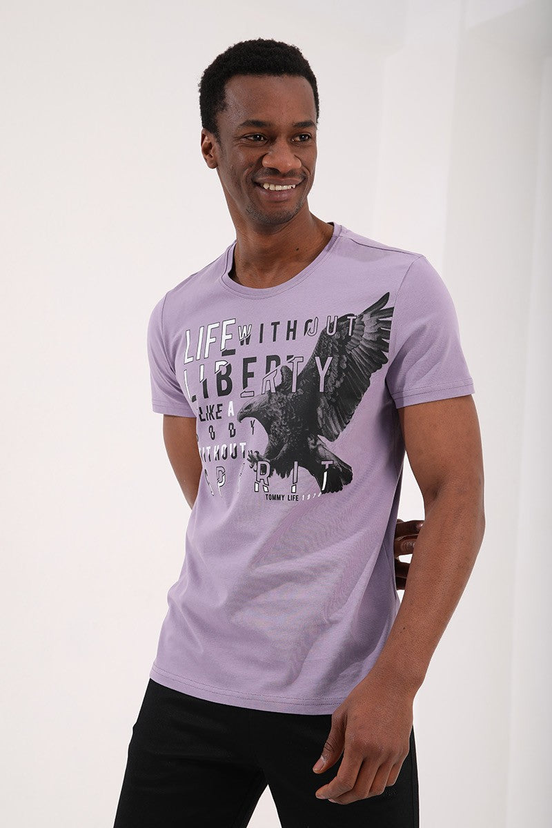 TMY Lilac Eagle Printed Standard Mold O Neck Men's T-Shirt - 87932 - Emmen