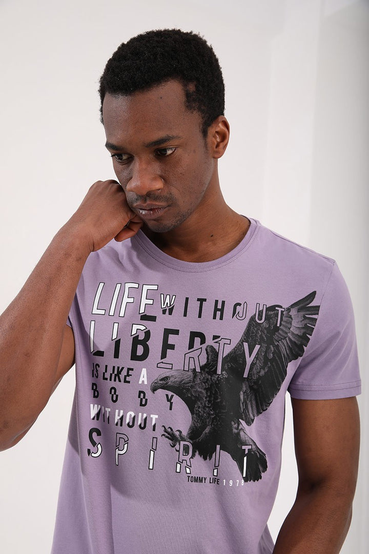 TMY Lilac Eagle Printed Standard Mold O Neck Men's T-Shirt - 87932 - Emmen
