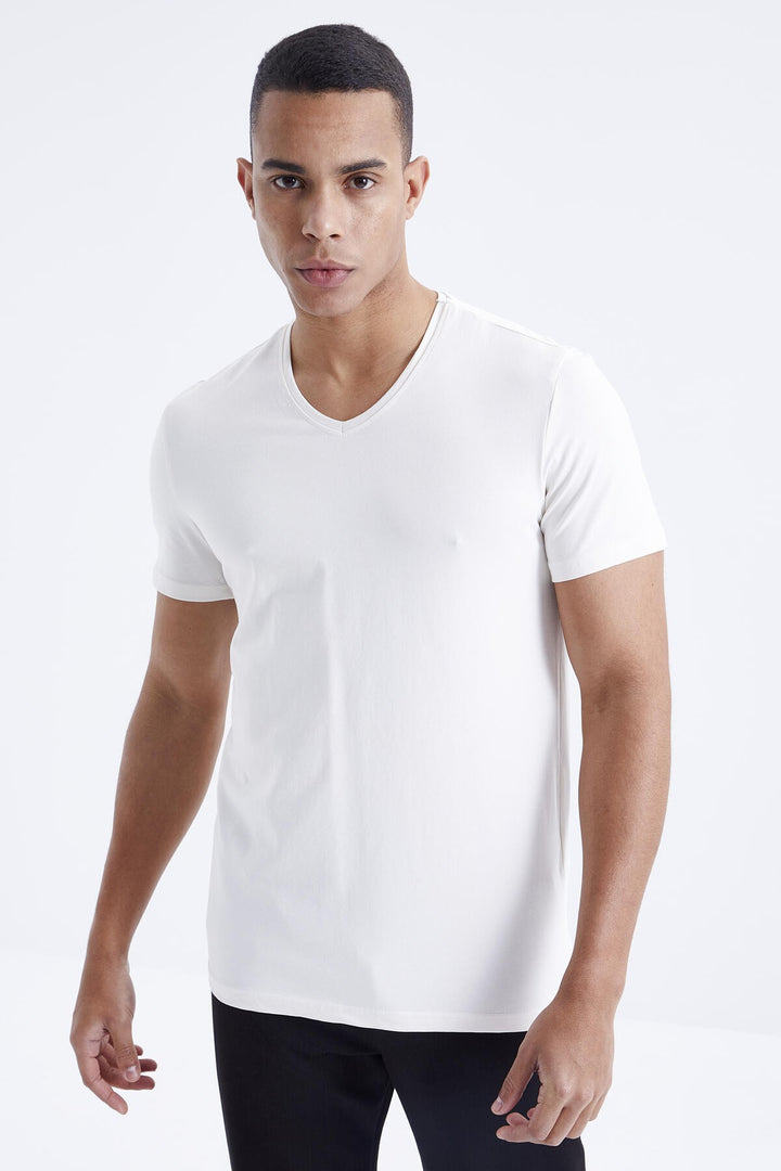 TMY Ecru Basic Short Sleeve Standard Fit V-Neck Men's T-Shirt - 87912 - Keighley