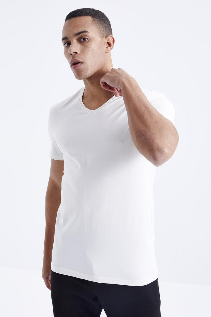 TMY Ecru Basic Short Sleeve Standard Fit V-Neck Men's T-Shirt - 87912 - Keighley