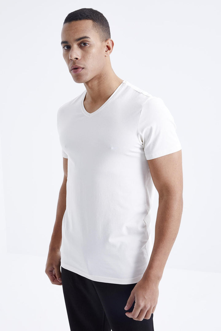 TMY Ecru Basic Short Sleeve Standard Fit V-Neck Men's T-Shirt - 87912 - Keighley