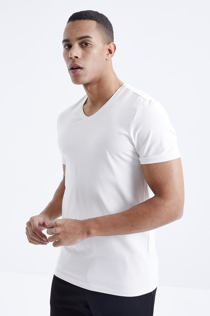 TMY Ecru Basic Short Sleeve Standard Fit V-Neck Men's T-Shirt - 87912 - Keighley