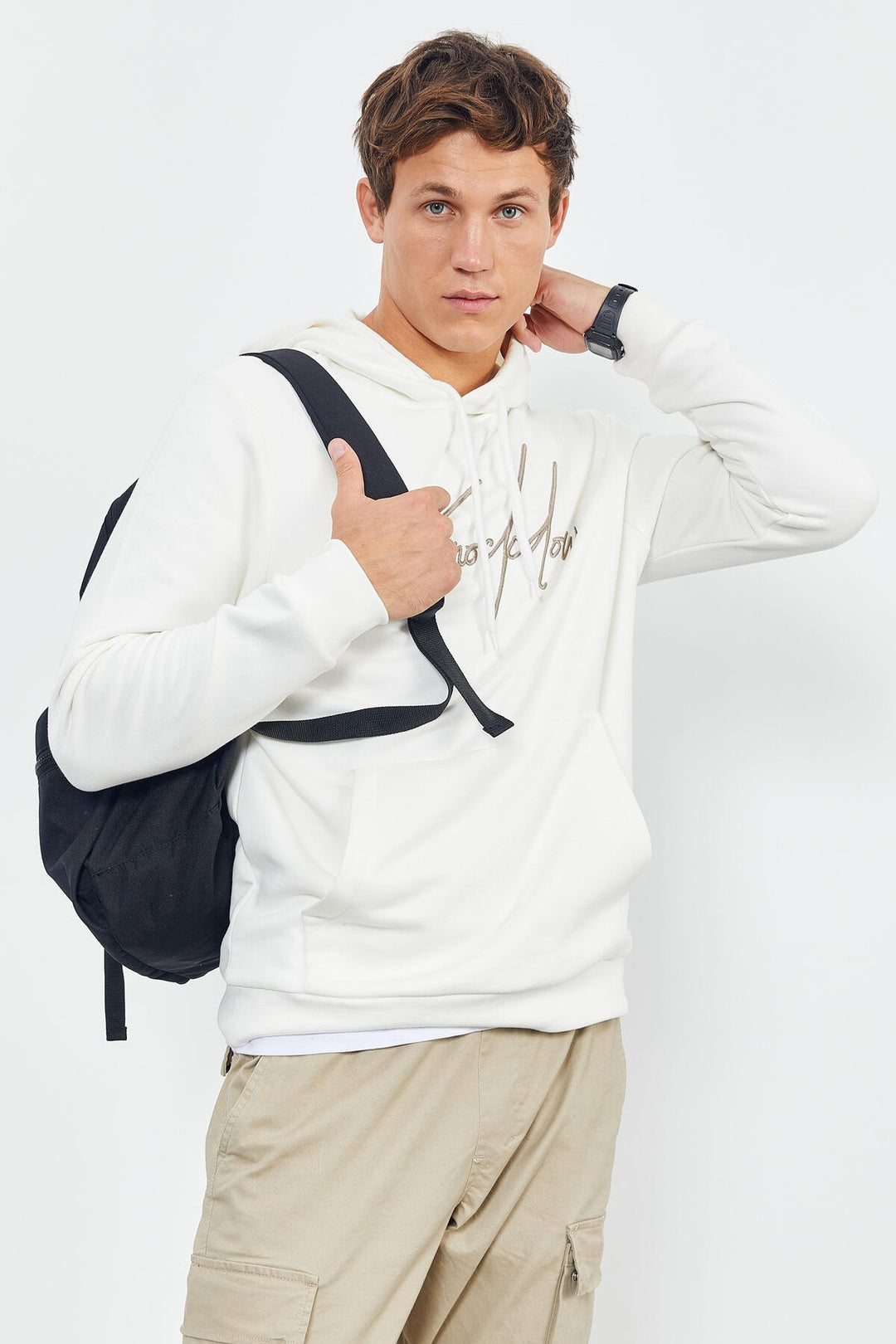 TMY Ecru Handwriting Embroidered Hooded Comfort Fit Men's Sweatshirt - 88007 - Channelview