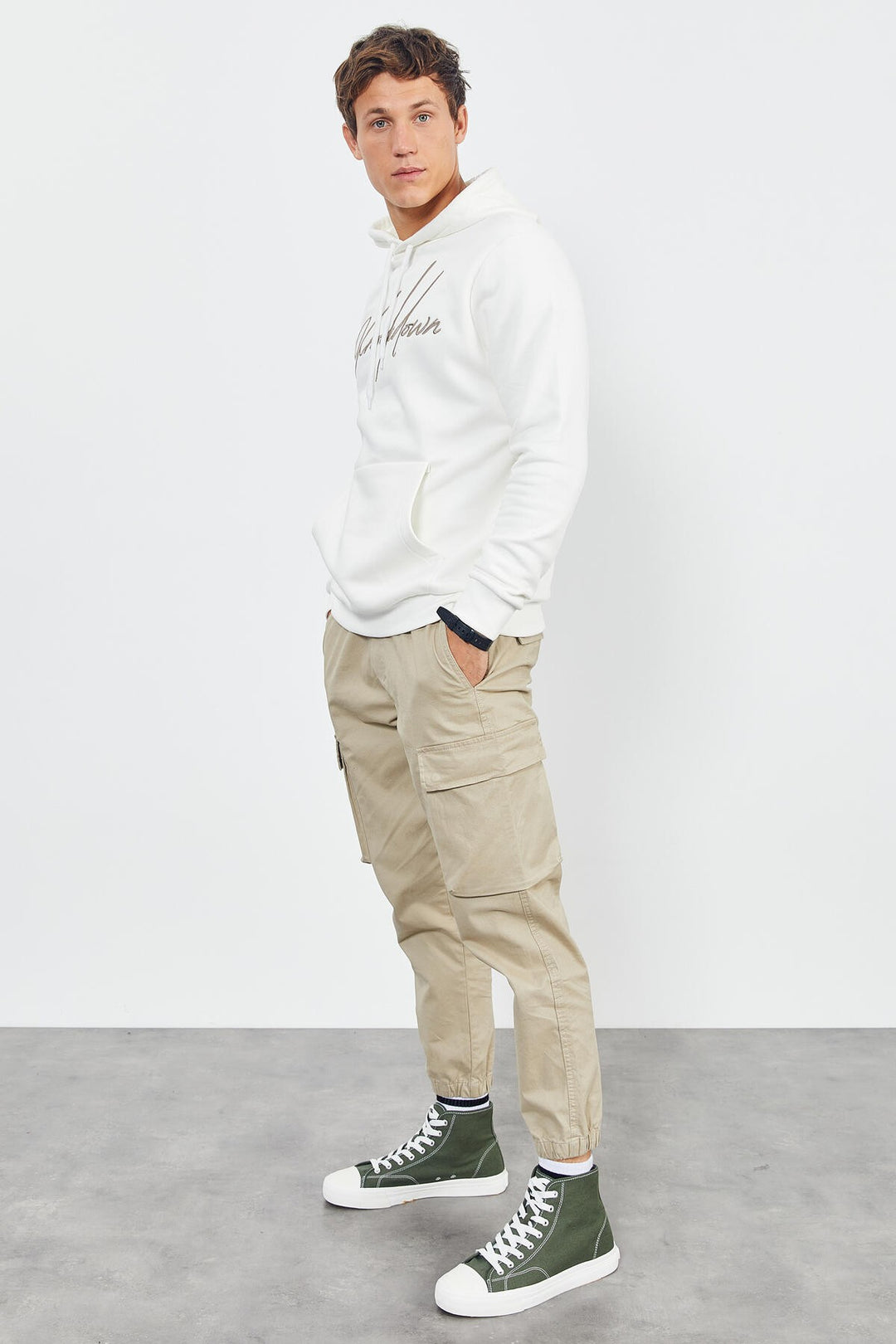 TMY Ecru Handwriting Embroidered Hooded Comfort Fit Men's Sweatshirt - 88007 - Channelview