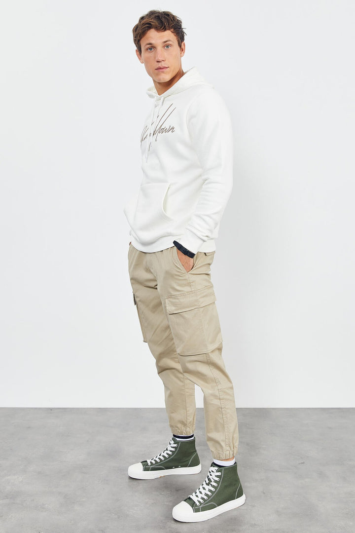 TMY Ecru Handwriting Embroidered Hooded Comfort Fit Men's Sweatshirt - 88007 - Channelview