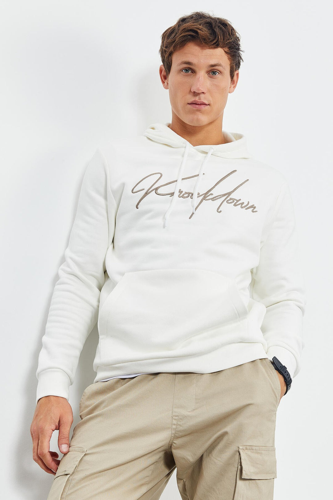 TMY Ecru Handwriting Embroidered Hooded Comfort Fit Men's Sweatshirt - 88007 - Channelview