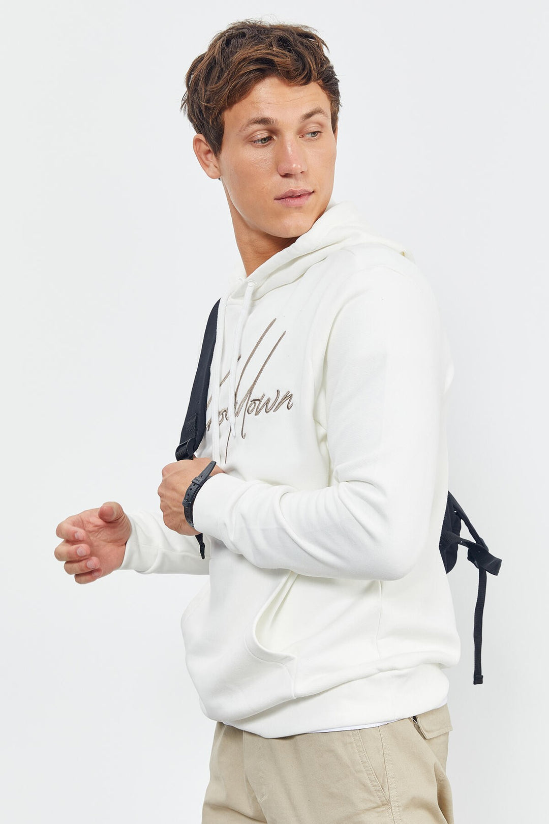 TMY Ecru Handwriting Embroidered Hooded Comfort Fit Men's Sweatshirt - 88007 - Channelview