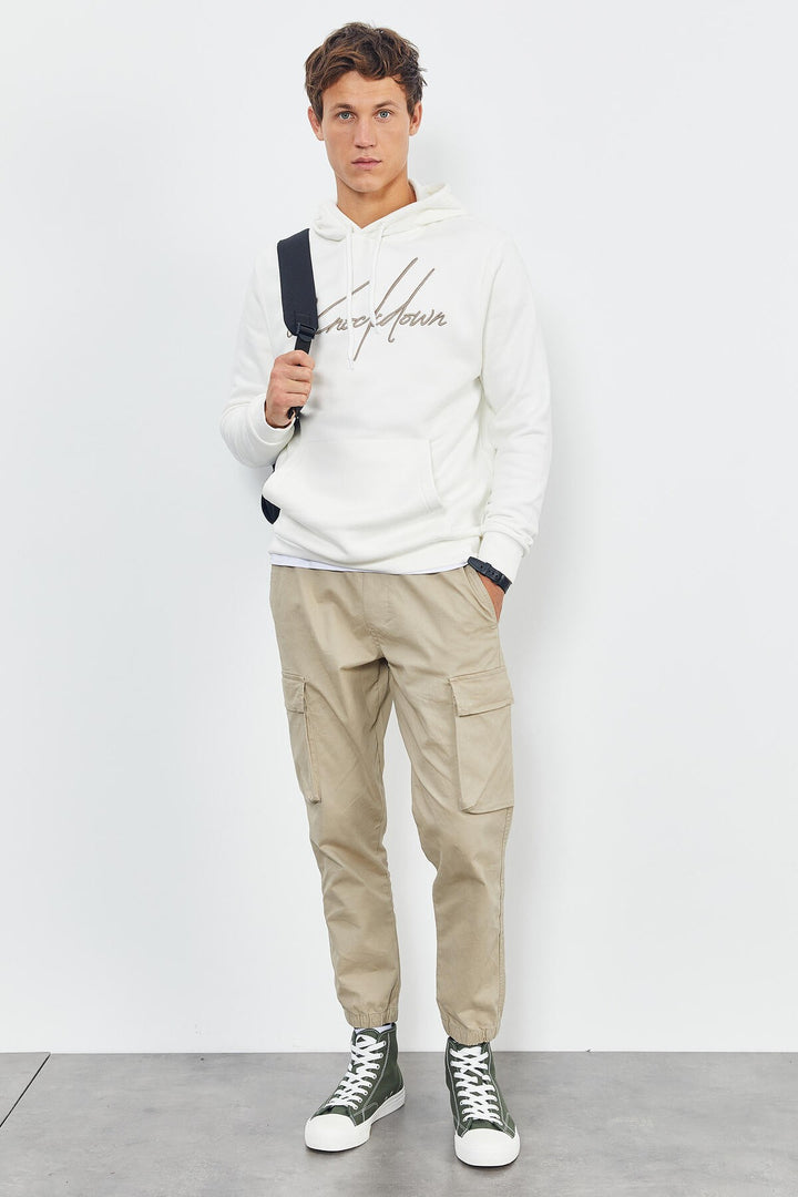 TMY Ecru Handwriting Embroidered Hooded Comfort Fit Men's Sweatshirt - 88007 - Channelview