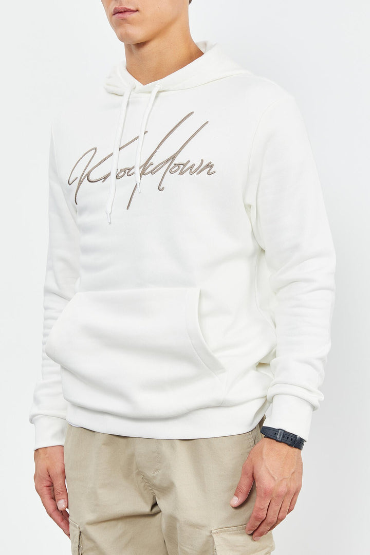 TMY Ecru Handwriting Embroidered Hooded Comfort Fit Men's Sweatshirt - 88007 - Channelview