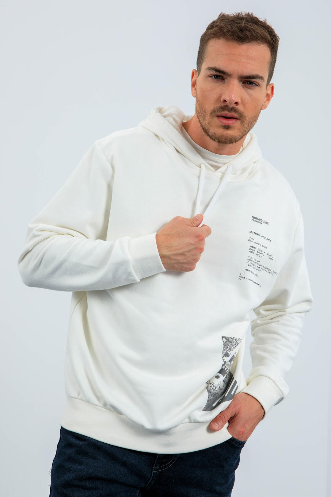 TMY Ecru Pattern Printed Hooded Comfort Fit Men's Sweatshirt - 88018 - Lake Charles