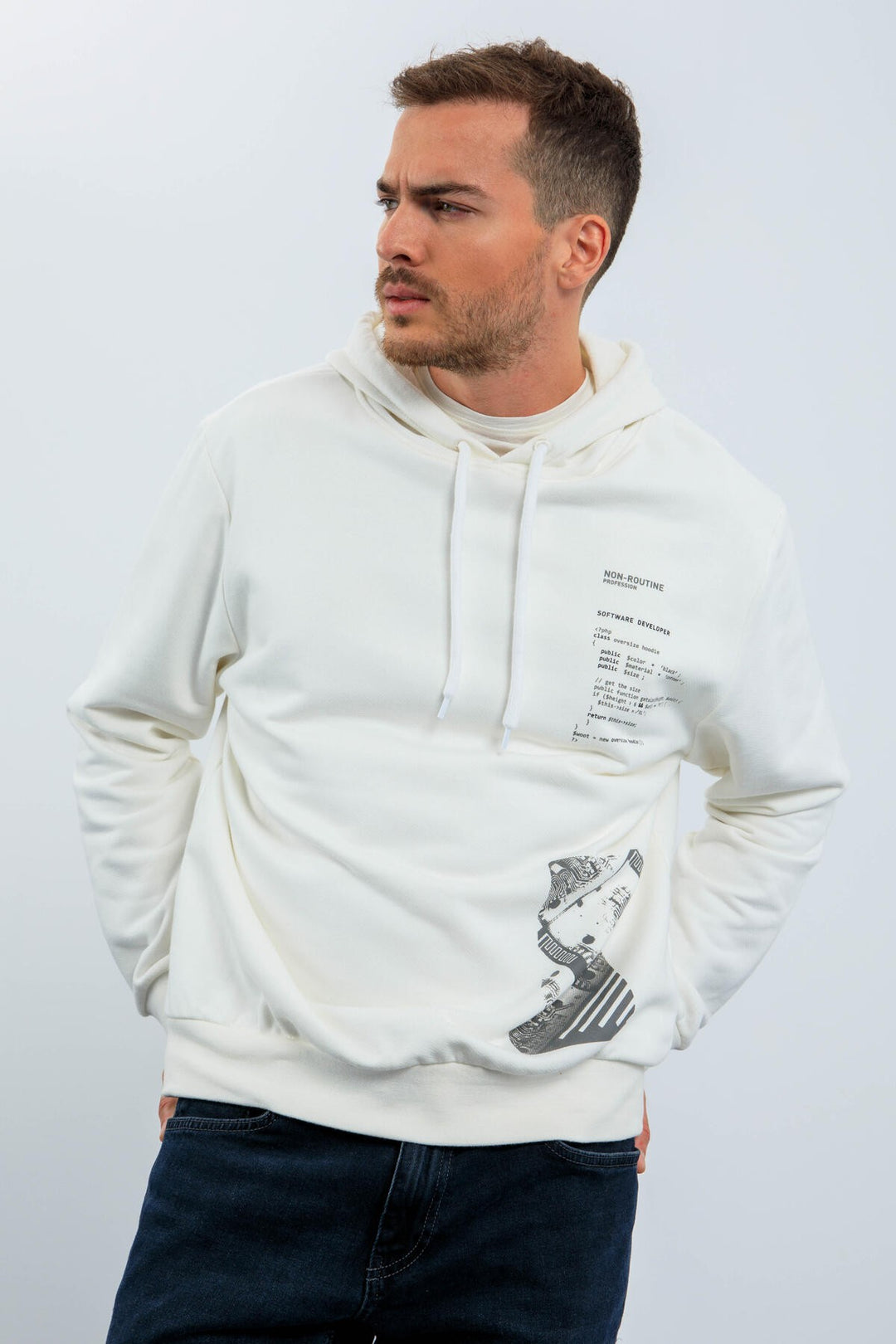 TMY Ecru Pattern Printed Hooded Comfort Fit Men's Sweatshirt - 88018 - Lake Charles