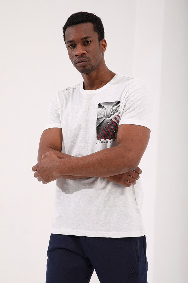 TMY Ecru Chest Printed Coordinate Detailed Standard Mold O Neck Men's T-Shirt - 87894 - Puertollano