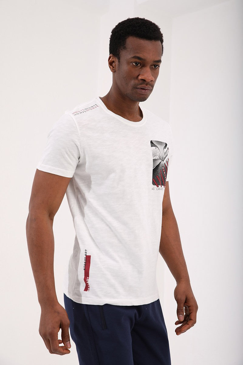 TMY Ecru Chest Printed Coordinate Detailed Standard Mold O Neck Men's T-Shirt - 87894 - Puertollano