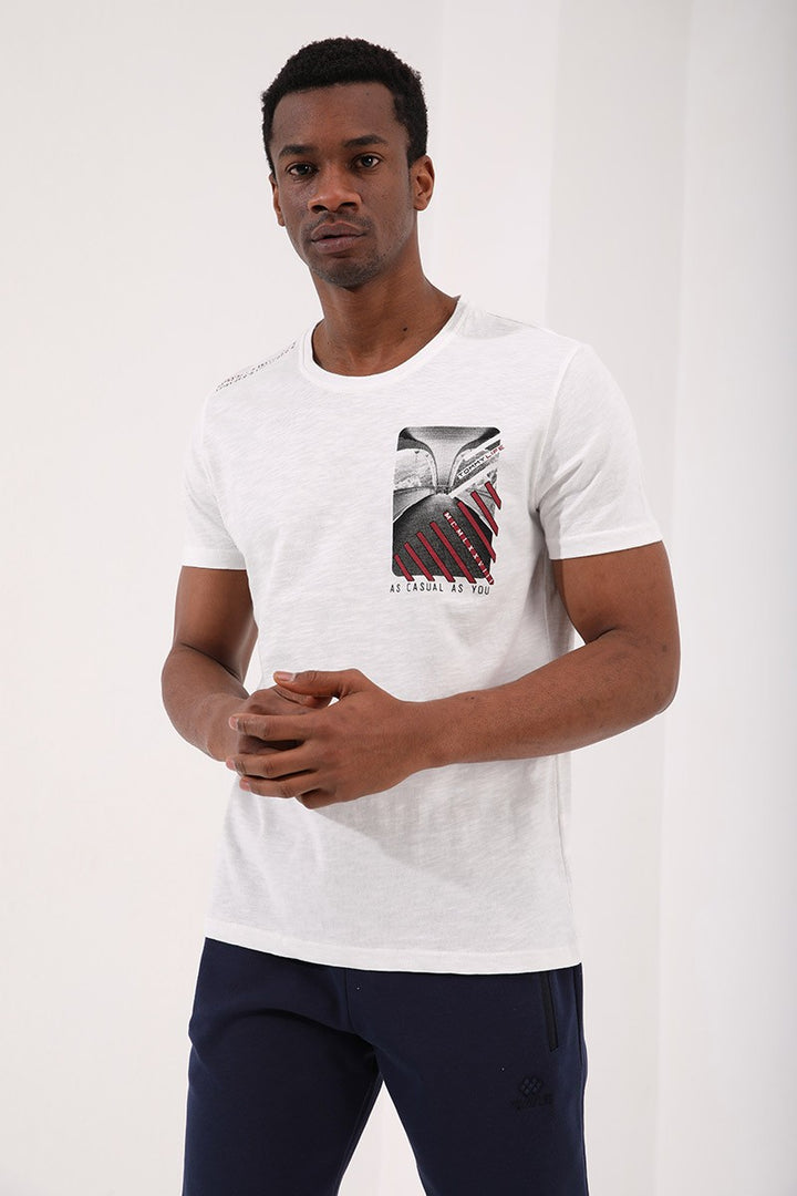 TMY Ecru Chest Printed Coordinate Detailed Standard Mold O Neck Men's T-Shirt - 87894 - Puertollano