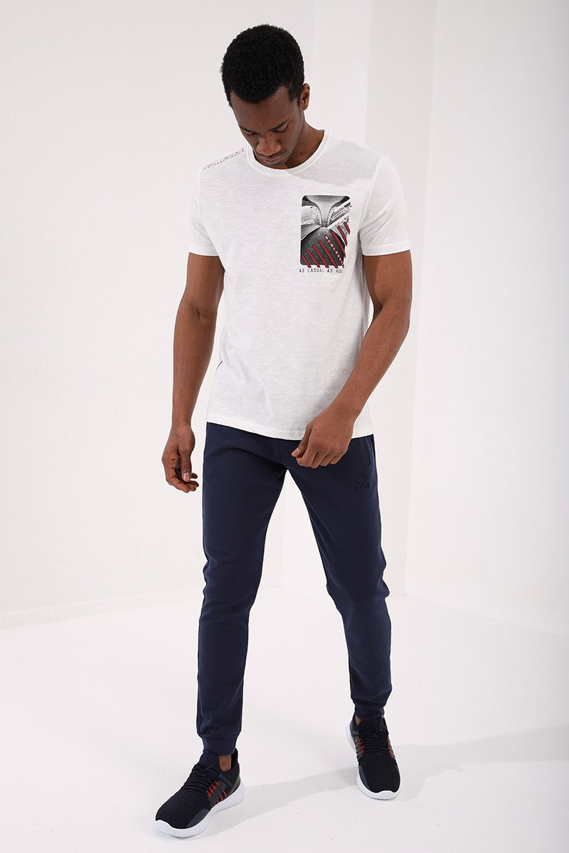TMY Ecru Chest Printed Coordinate Detailed Standard Mold O Neck Men's T-Shirt - 87894 - Puertollano