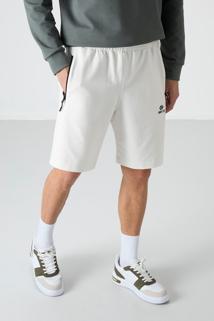 TMY Ecru Hidden Zipper Back Pocket Drawstring Regular Fit Men's Shorts - 81136 - Ostfildern