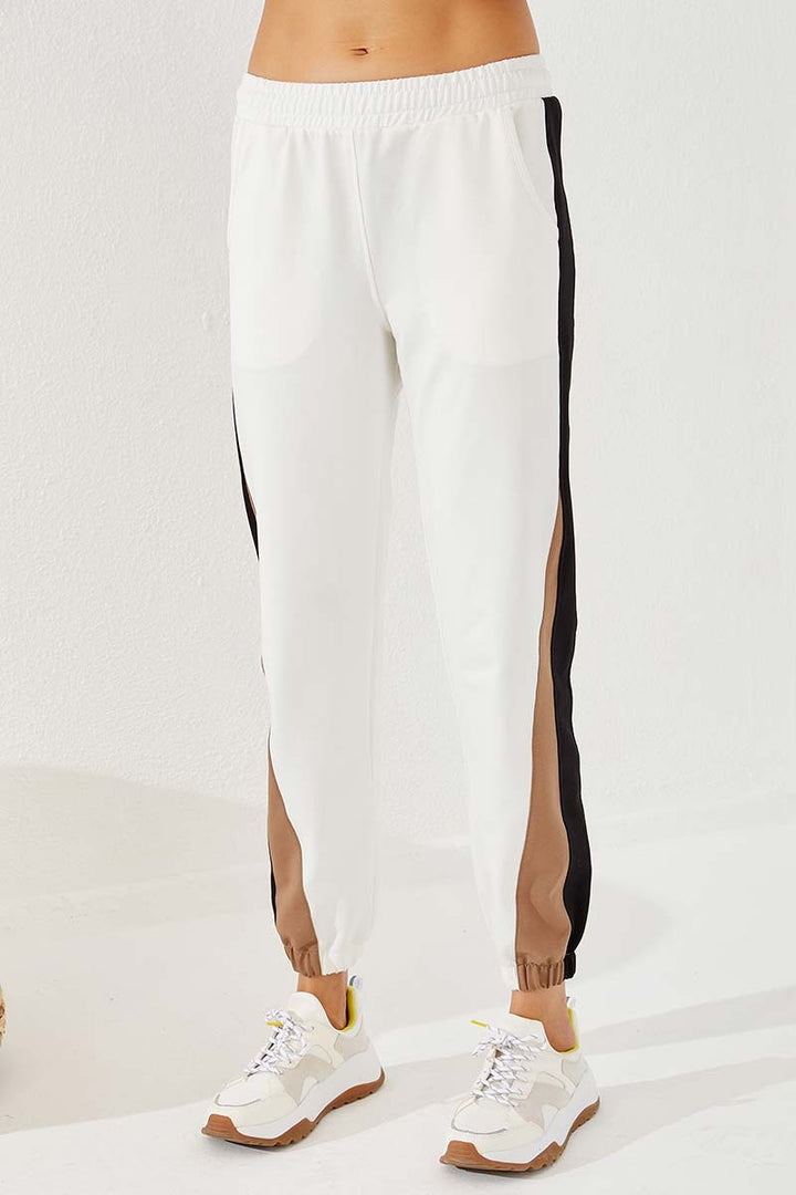 TMY Ecru Two Color Striped Comfortable Fit Elastic Cuff Women's Sweatpants - 94582 - Azzano
