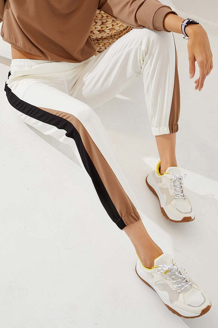 TMY Ecru Two Color Striped Comfortable Fit Elastic Cuff Women's Sweatpants - 94582 - Azzano