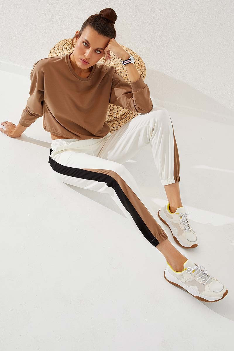 TMY Ecru Two Color Striped Comfortable Fit Elastic Cuff Women's Sweatpants - 94582 - Azzano