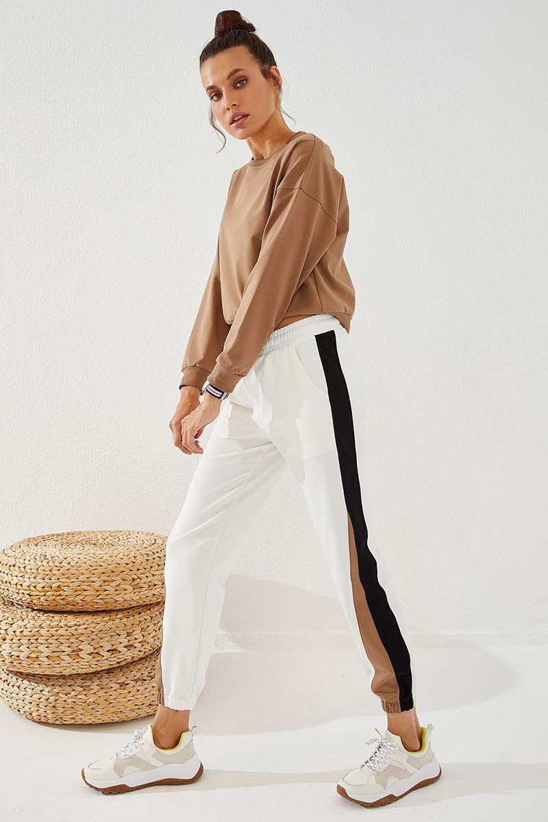 TMY Ecru Two Color Striped Comfortable Fit Elastic Cuff Women's Sweatpants - 94582 - Azzano