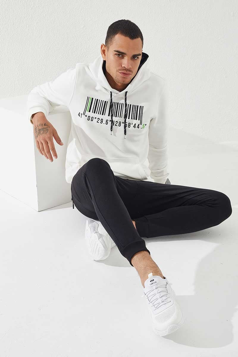 TMY Ecru Embroidered Kangaroo Pocket Standard Fit Hooded Men's Sweatshirt - 87839 - Castellammare di Stabia