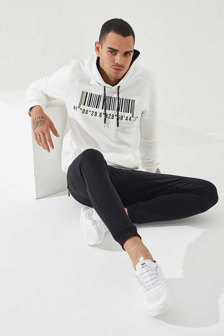 TMY Ecru Embroidered Kangaroo Pocket Standard Fit Hooded Men's Sweatshirt - 87839 - Castellammare di Stabia
