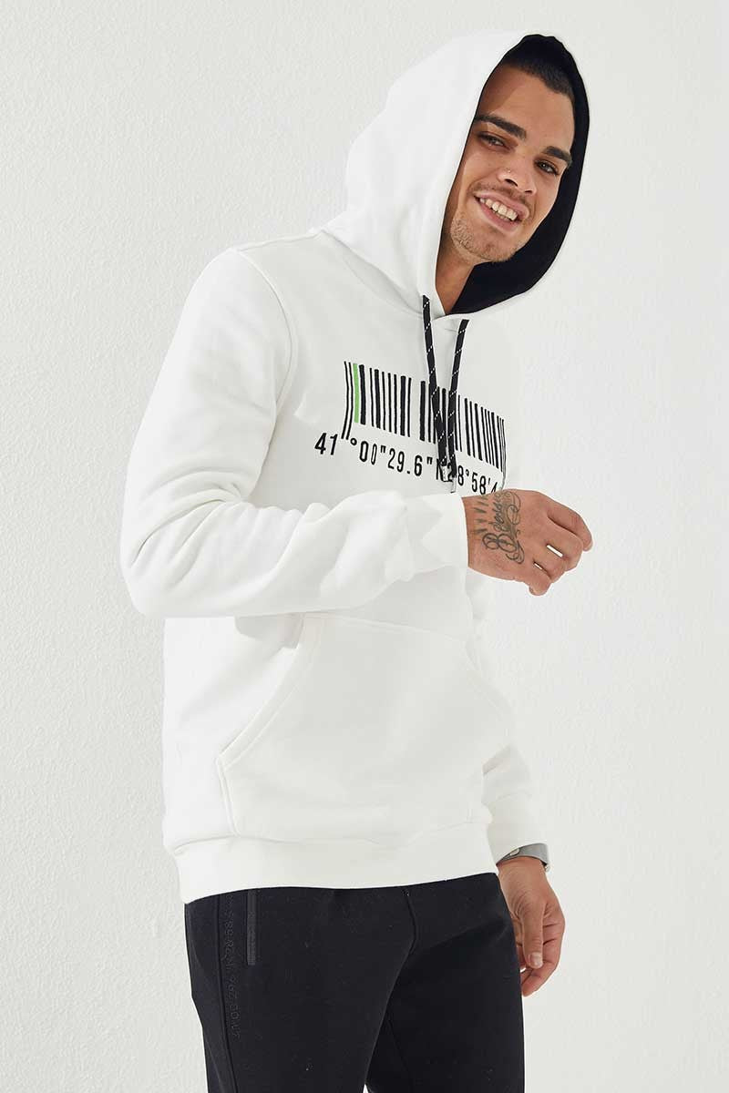 TMY Ecru Embroidered Kangaroo Pocket Standard Fit Hooded Men's Sweatshirt - 87839 - Castellammare di Stabia