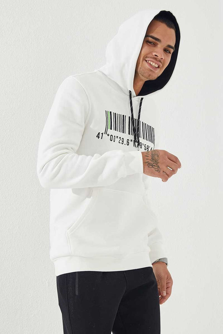TMY Ecru Embroidered Kangaroo Pocket Standard Fit Hooded Men's Sweatshirt - 87839 - Castellammare di Stabia