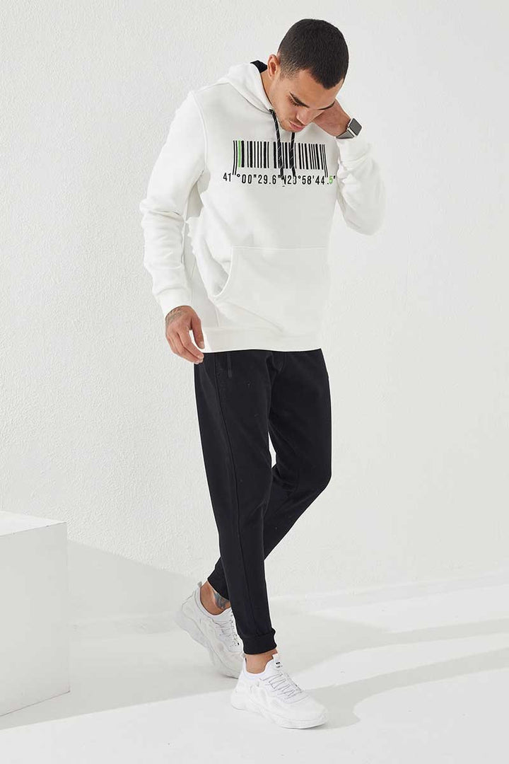 TMY Ecru Embroidered Kangaroo Pocket Standard Fit Hooded Men's Sweatshirt - 87839 - Castellammare di Stabia