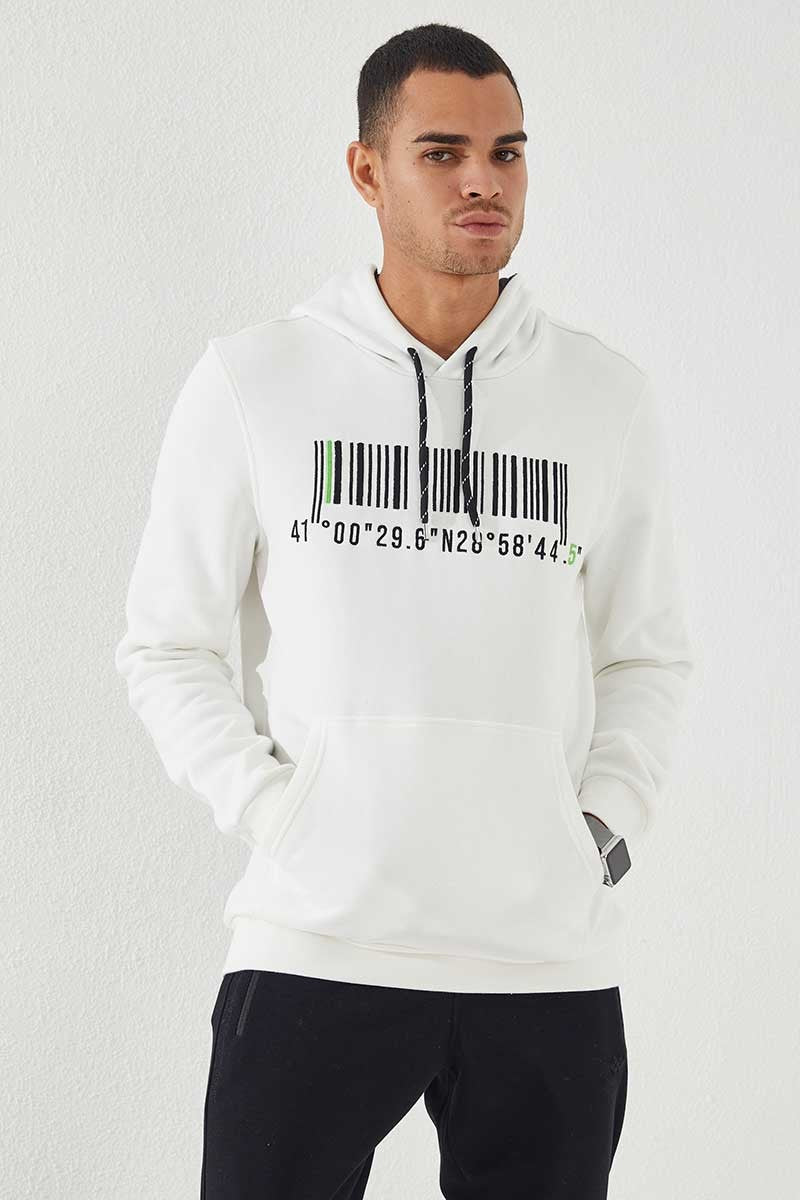 TMY Ecru Embroidered Kangaroo Pocket Standard Fit Hooded Men's Sweatshirt - 87839 - Castellammare di Stabia