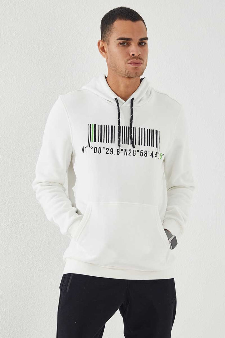 TMY Ecru Embroidered Kangaroo Pocket Standard Fit Hooded Men's Sweatshirt - 87839 - Castellammare di Stabia