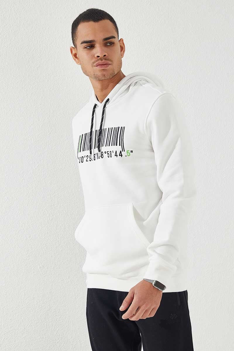 TMY Ecru Embroidered Kangaroo Pocket Standard Fit Hooded Men's Sweatshirt - 87839 - Castellammare di Stabia