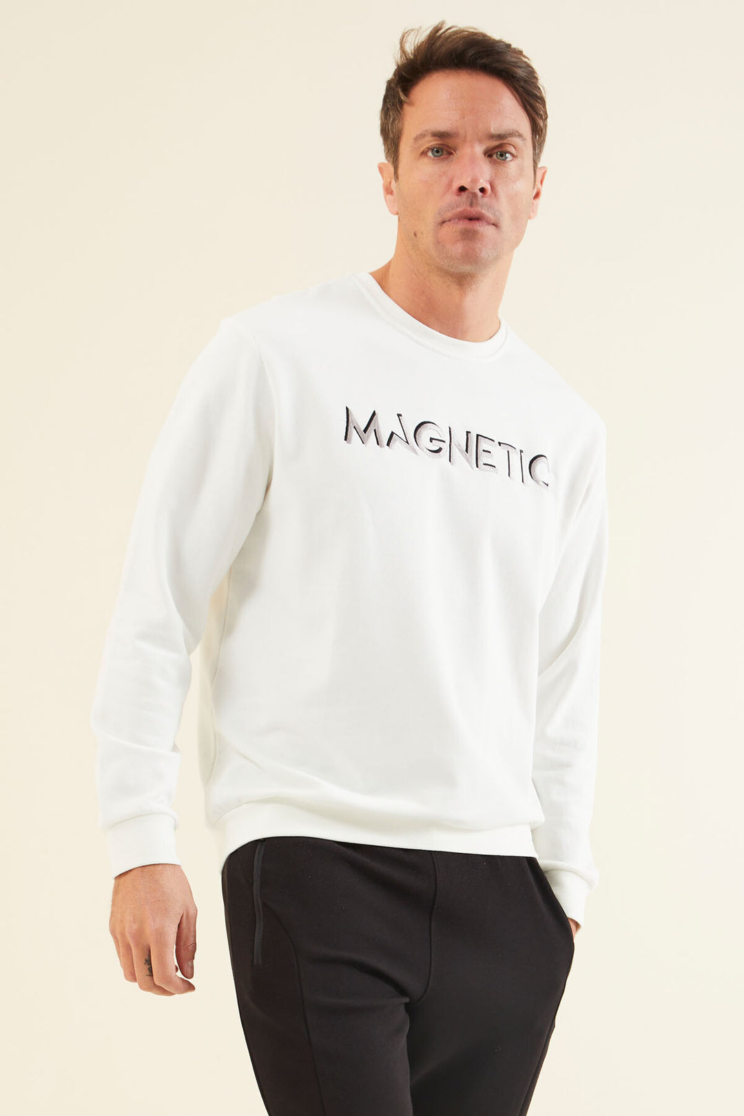 TMY Ecru Text Embroidered O Neck Comfort Fit Men's Sweatshirt - 88020 - Bridgeport