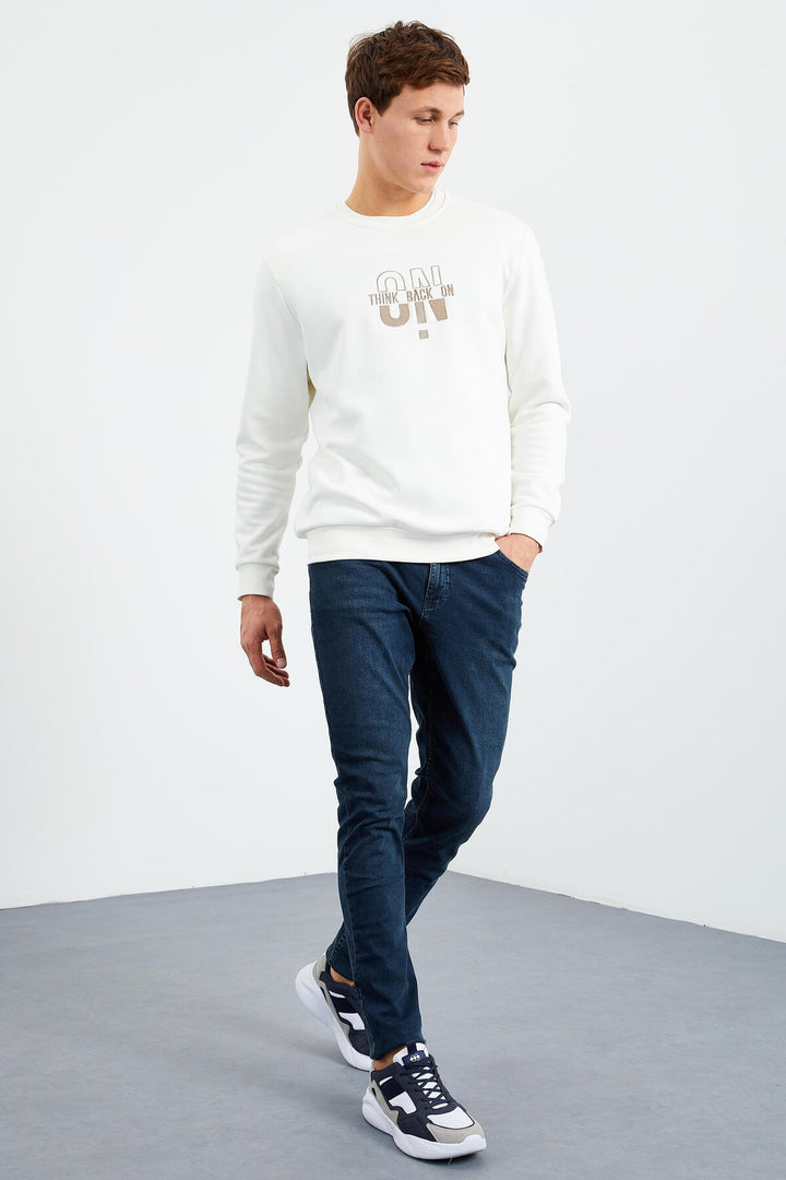 TMY Ecru Text Embroidered Round Neck Comfort Fit Men's Sweatshirt - 88021 - Lowestoft