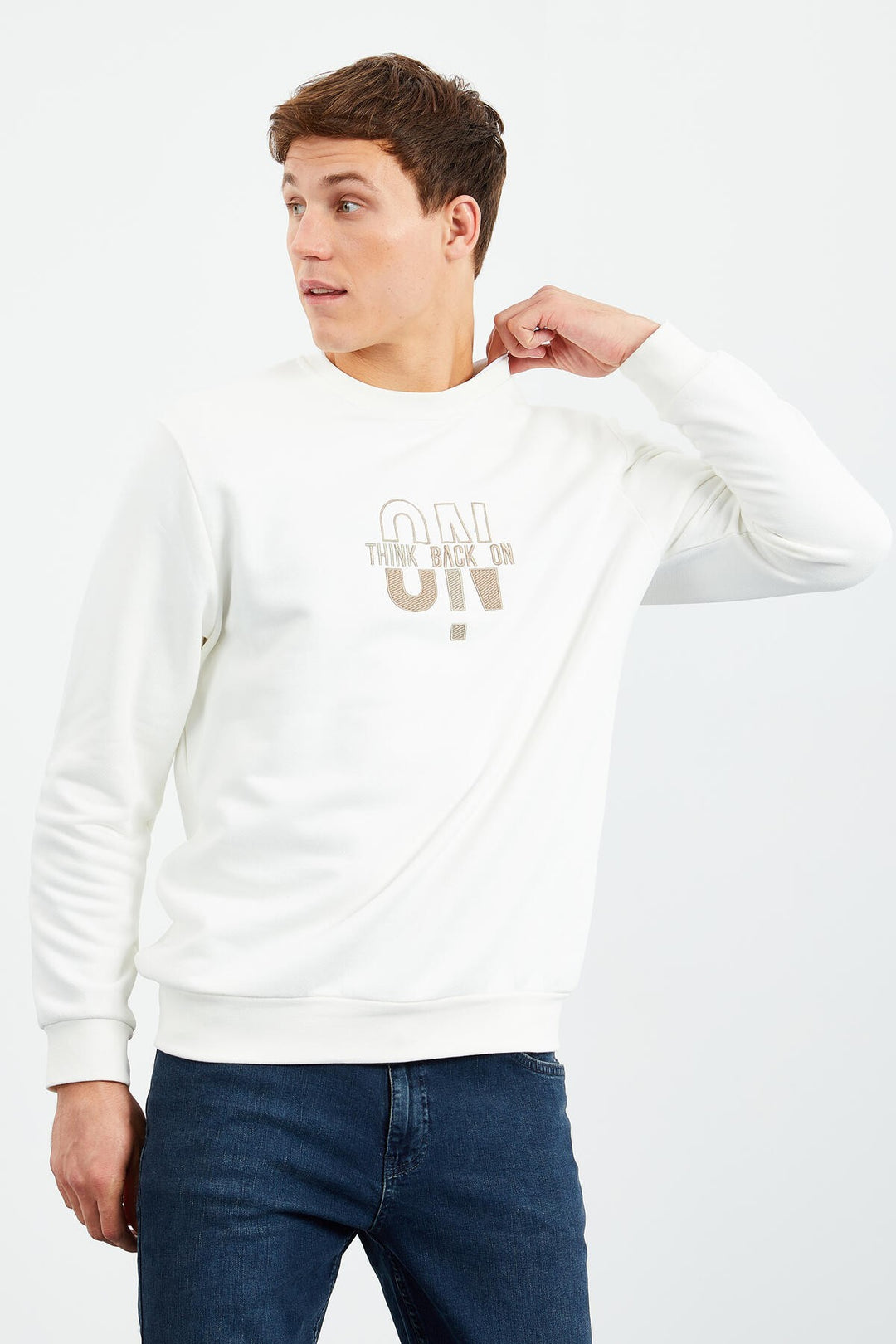 TMY Ecru Text Embroidered Round Neck Comfort Fit Men's Sweatshirt - 88021 - Lowestoft