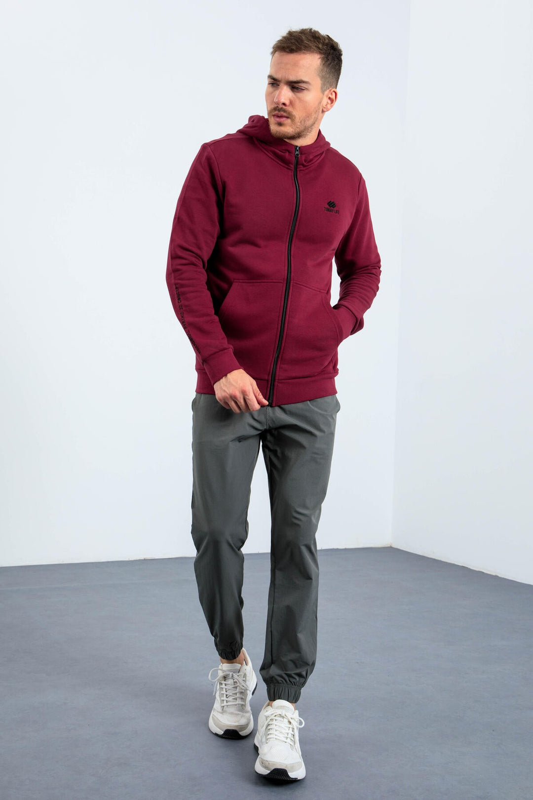 TMY Purple Basic Hooded Comfort Fit Embroidered Detail Zippered Men's Sweatshirt - 88035 - Ixtapaluca