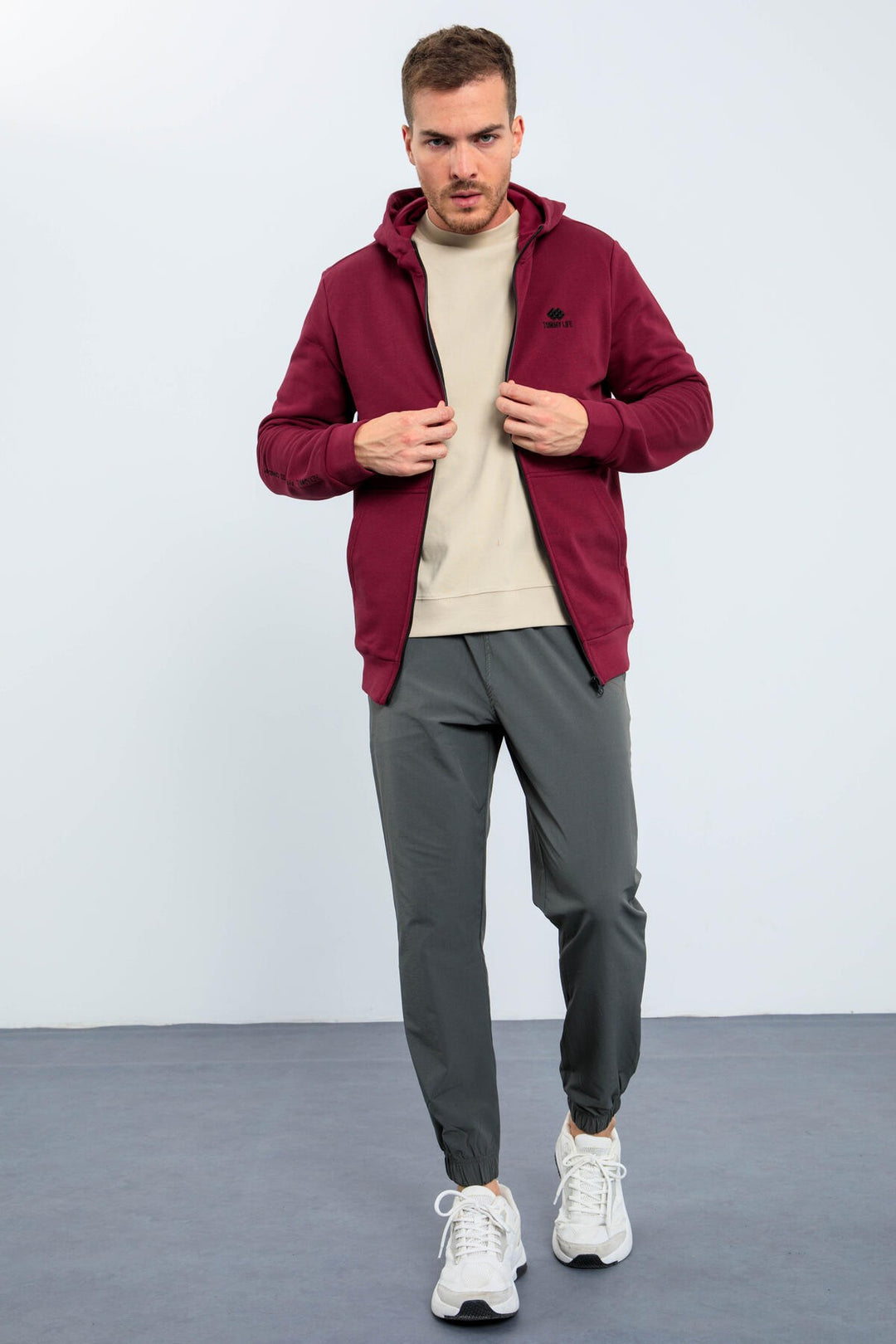 TMY Purple Basic Hooded Comfort Fit Embroidered Detail Zippered Men's Sweatshirt - 88035 - Ixtapaluca