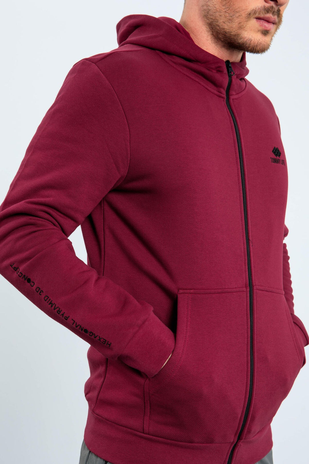 TMY Purple Basic Hooded Comfort Fit Embroidered Detail Zippered Men's Sweatshirt - 88035 - Ixtapaluca