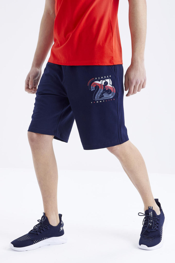 TMY Fiesta - Indigo Printed Detail O Neck Standard Fit Bermuda Men's Shorts Set - 85171 - Crewe