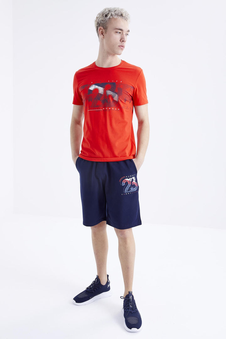 TMY Fiesta - Indigo Printed Detail O Neck Standard Fit Bermuda Men's Shorts Set - 85171 - Crewe