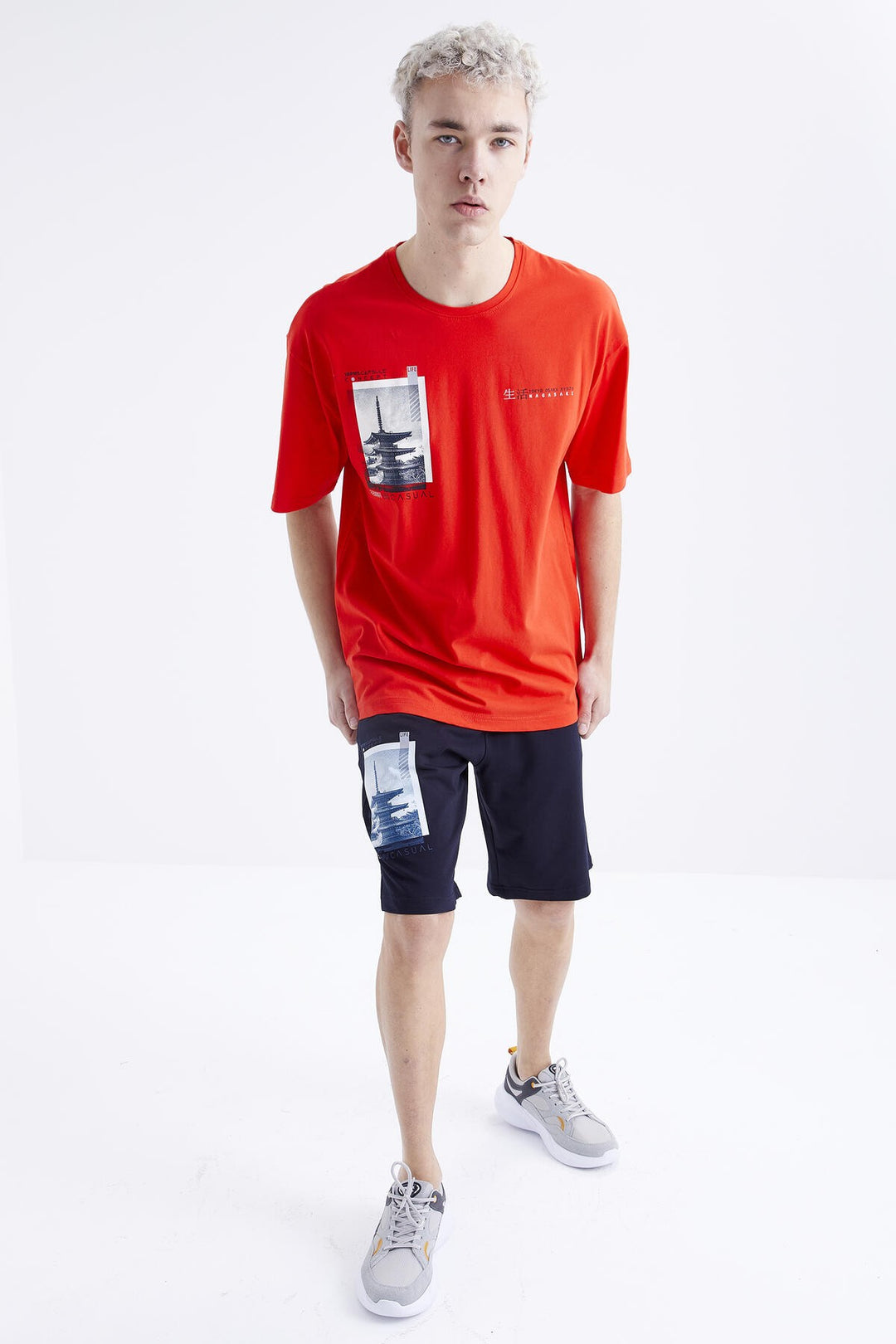 TMY Fiesta - Navy Printed O Neck Oversized Bermuda Men's Shorts Set - 85165 - Shostka