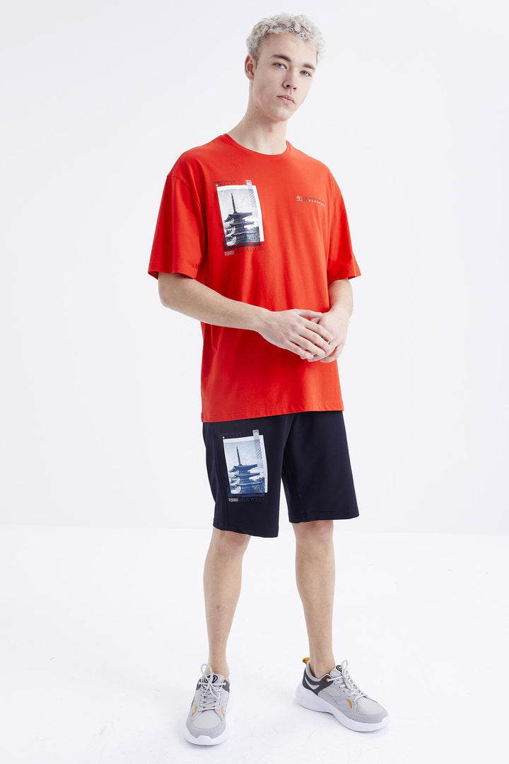 TMY Fiesta - Navy Printed O Neck Oversized Bermuda Men's Shorts Set - 85165 - Shostka
