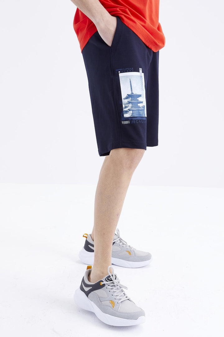 TMY Fiesta - Navy Printed O Neck Oversized Bermuda Men's Shorts Set - 85165 - Shostka