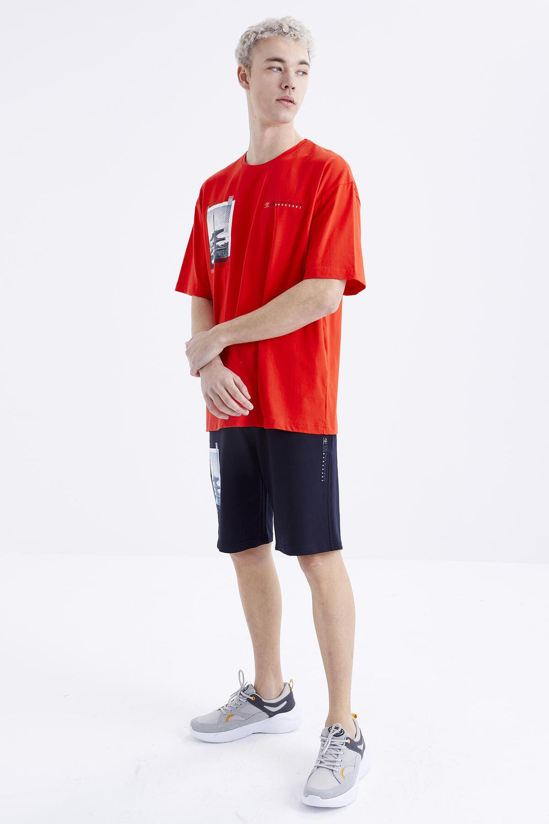 TMY Fiesta - Navy Printed O Neck Oversized Bermuda Men's Shorts Set - 85165 - Shostka