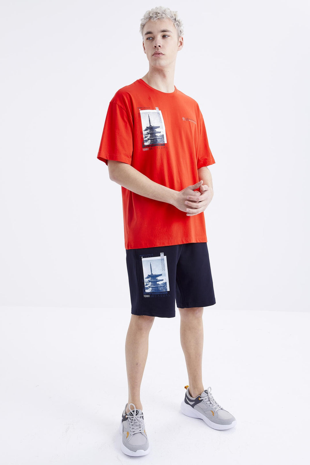 TMY Fiesta - Navy Printed O Neck Oversized Bermuda Men's Shorts Set - 85165 - Shostka